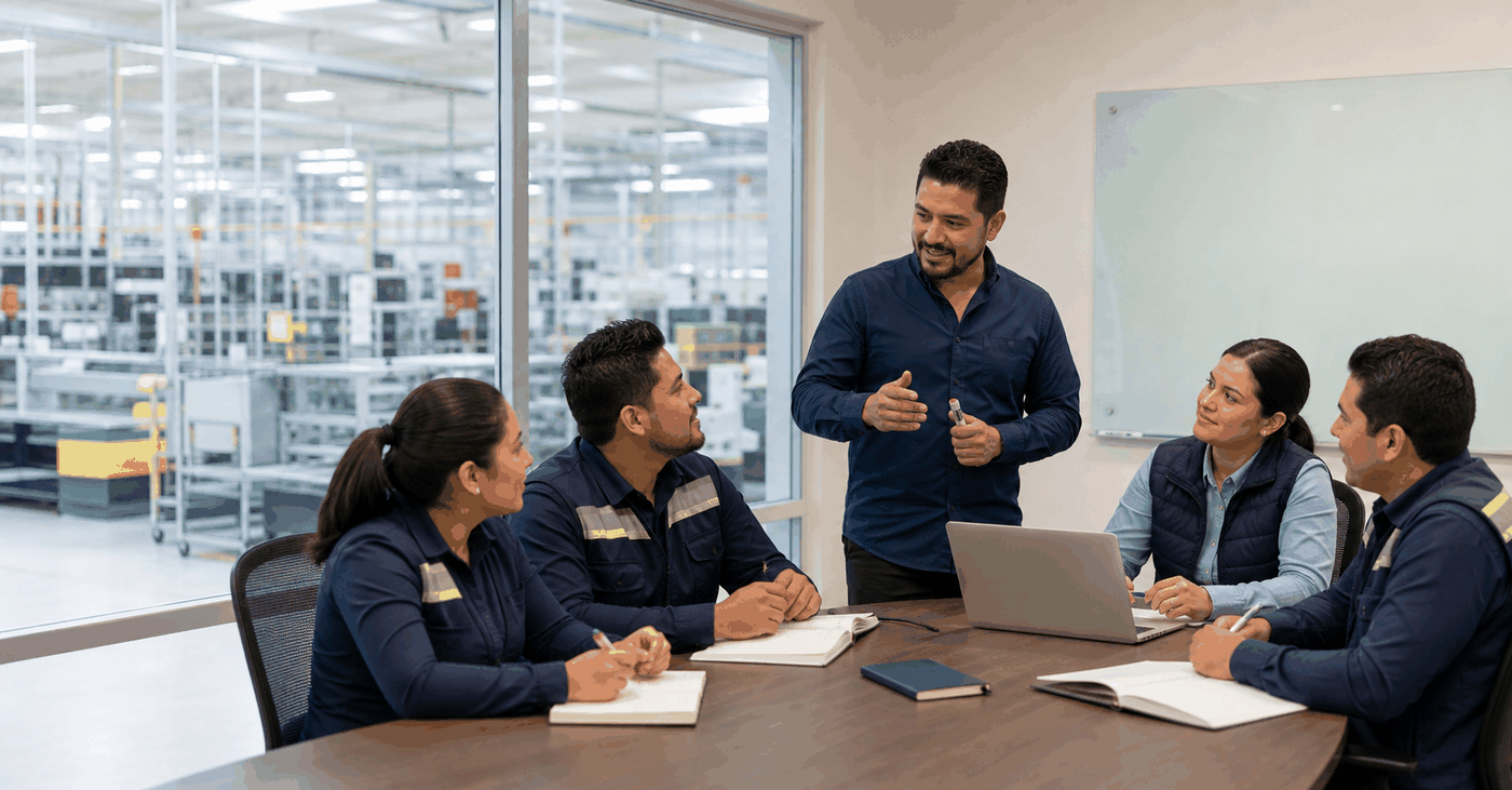 Equipo de maquila recibiendo capacitación de inglés en una sala junto a producción