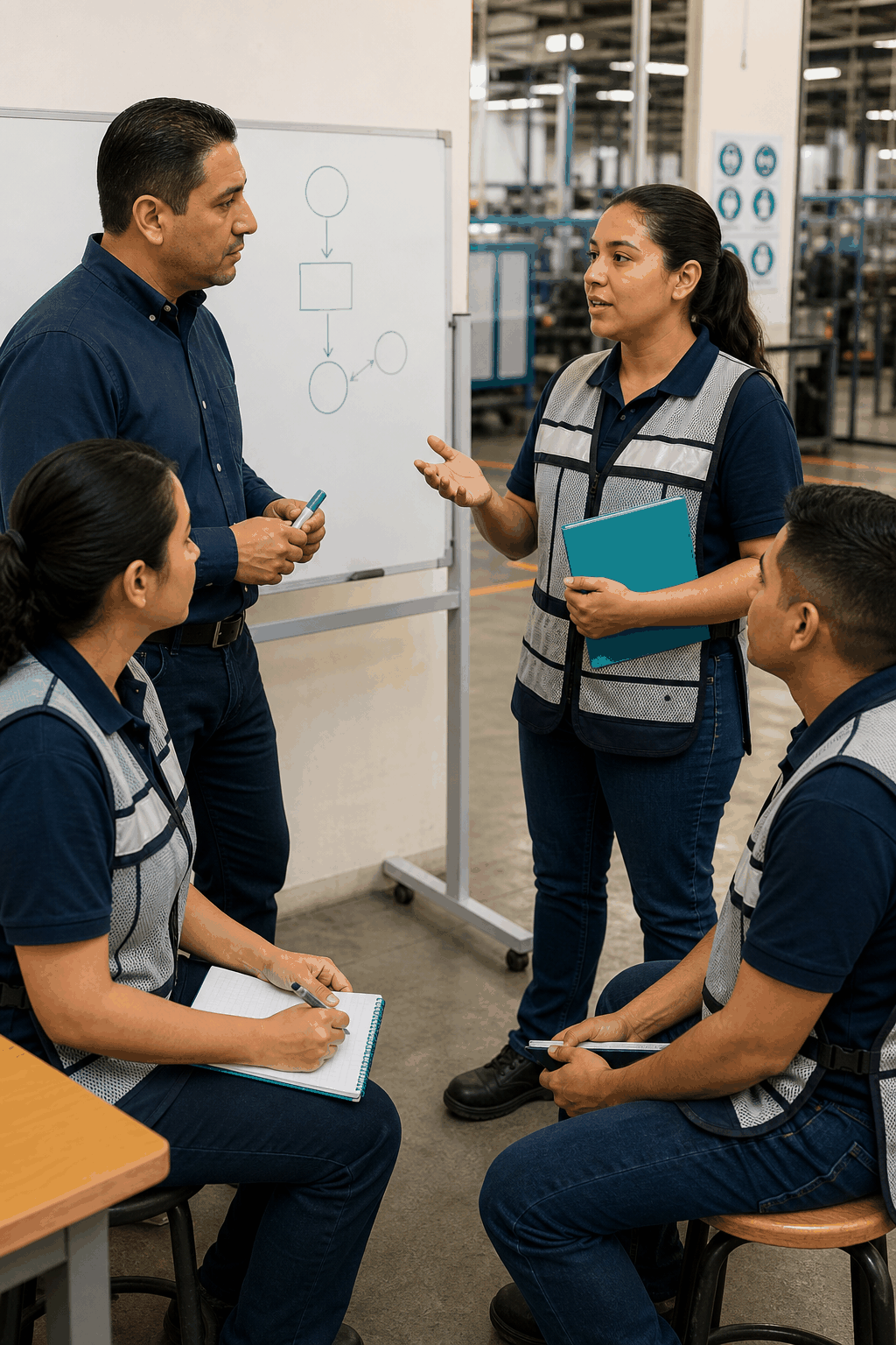 Equipo de producción practicando inglés junto a una línea de trabajo