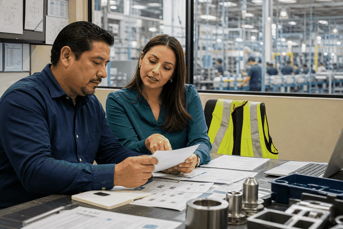Supervisor revisando documentos de calidad durante una capacitación de inglés